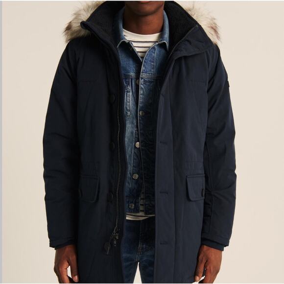 Abercrombie & Fitch Men's Ultra Downfill Hooded Parka Jacket Coat Navy Size‎ XL - Picture 1 of 16